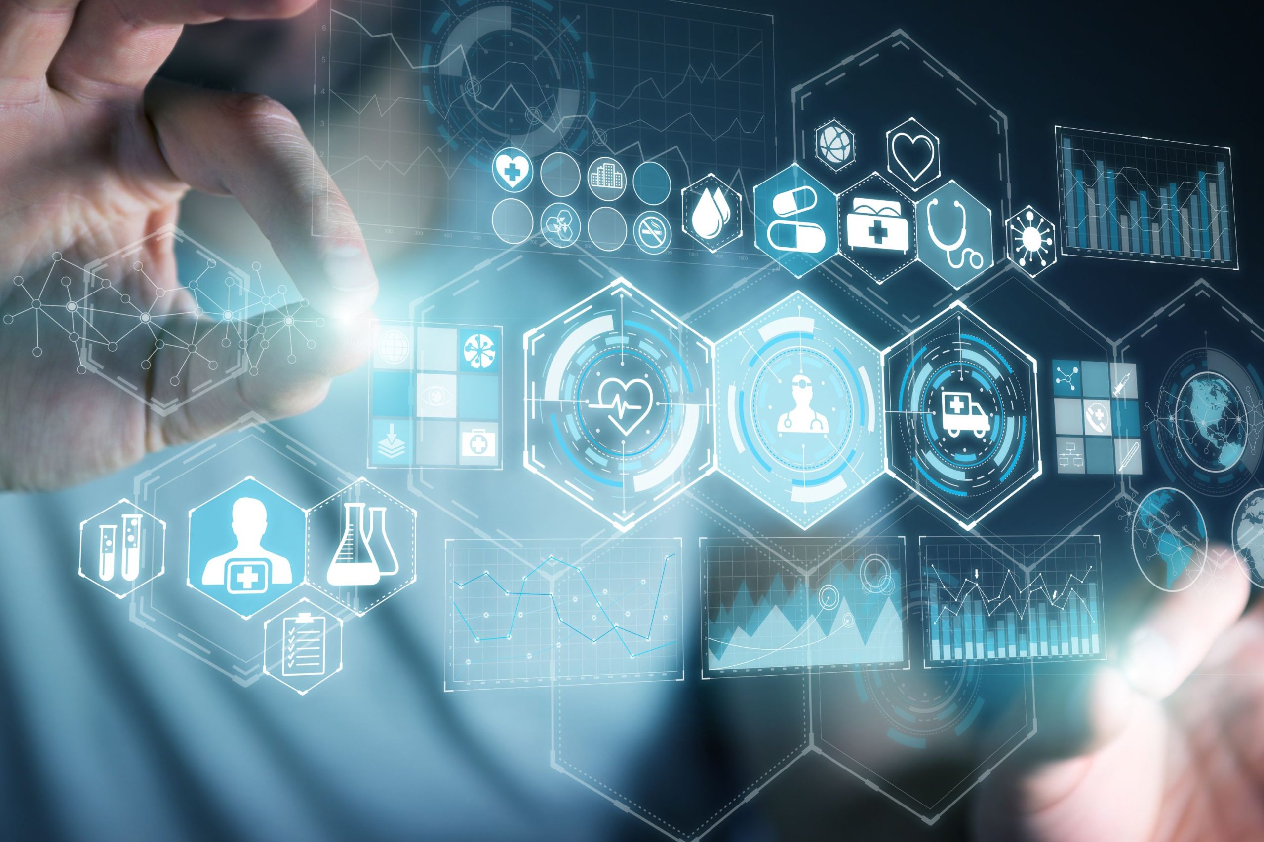 Wirtualne ikonki symbolizujące różne usługi cyfrowe, grafika futurystyczna 