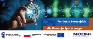 Grafika promująca Fundusze Europejskie dla Rozwoju Społecznego, z elementem technologii cyfrowej i logotypami instytucji.